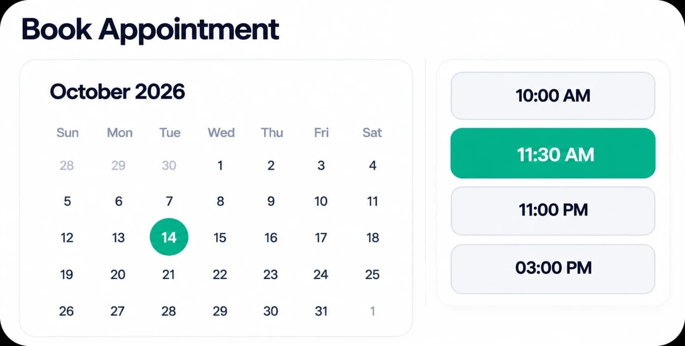 Booking widget: pick a date in the calendar and choose an available time slot